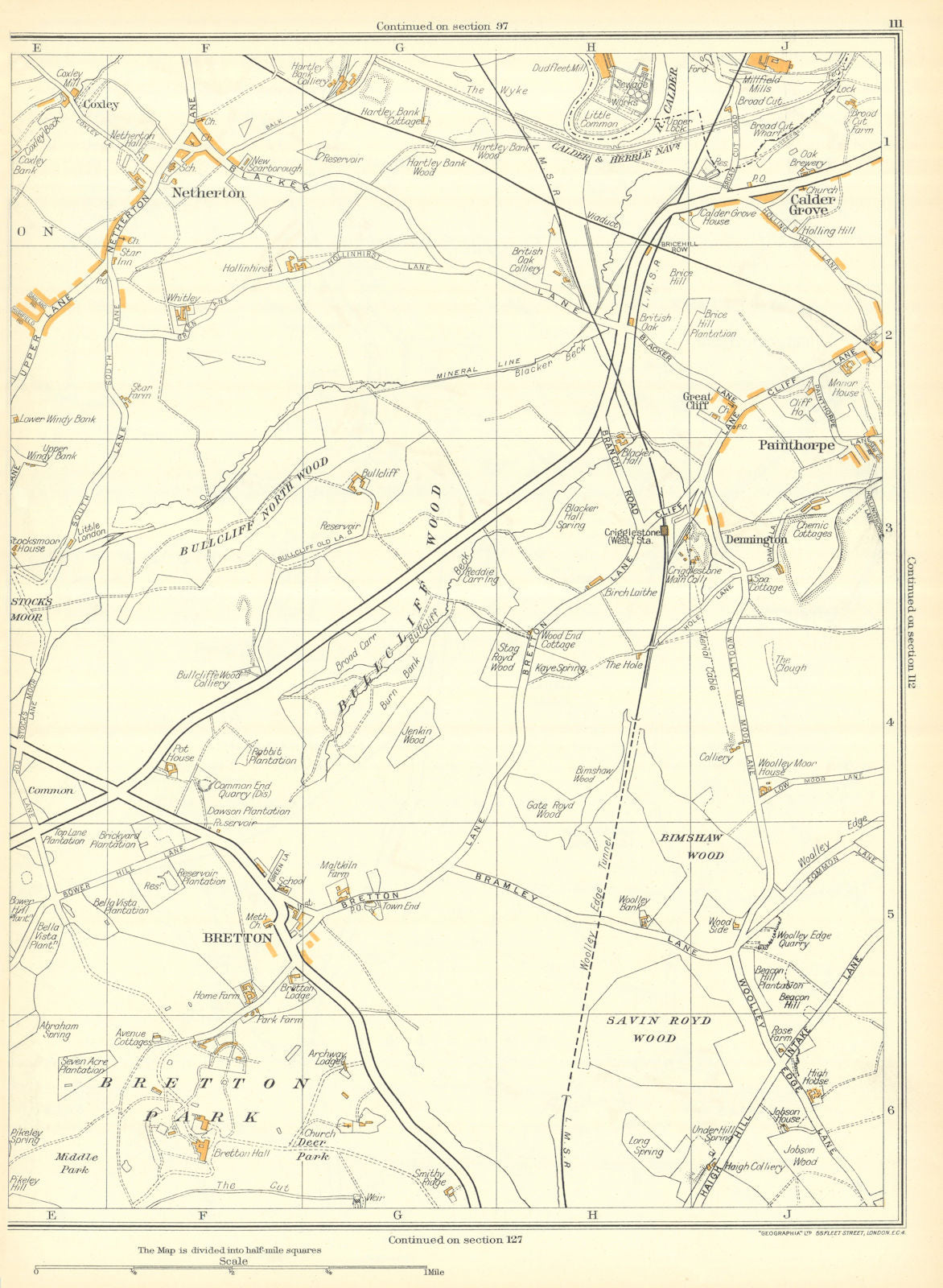 YORKSHIRE Bretton Netherton Painthorpe Calder Grove Crigglestone 1935 old map
